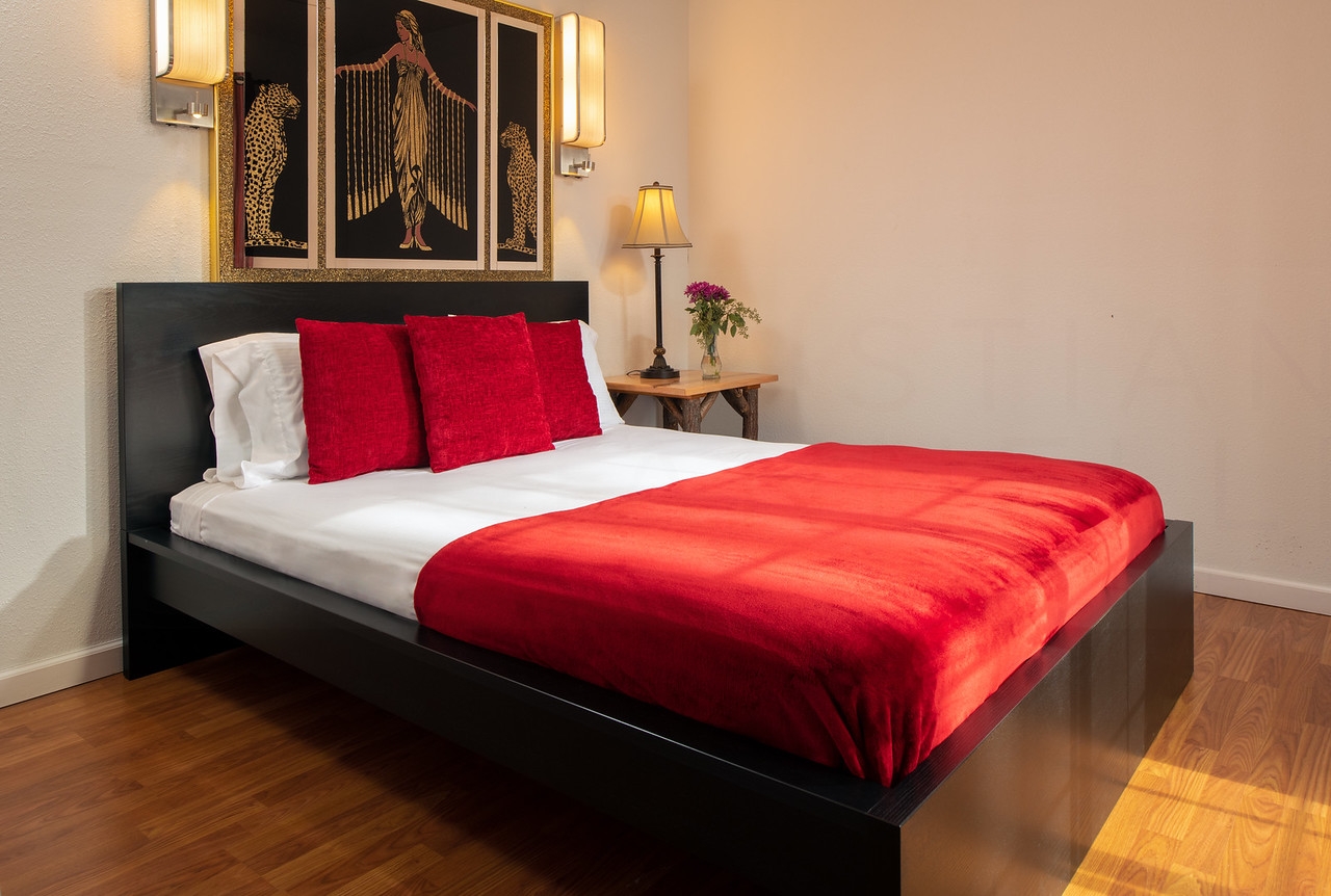 Downstairs bedroom with black wooden platform bed, nightstand with lamp