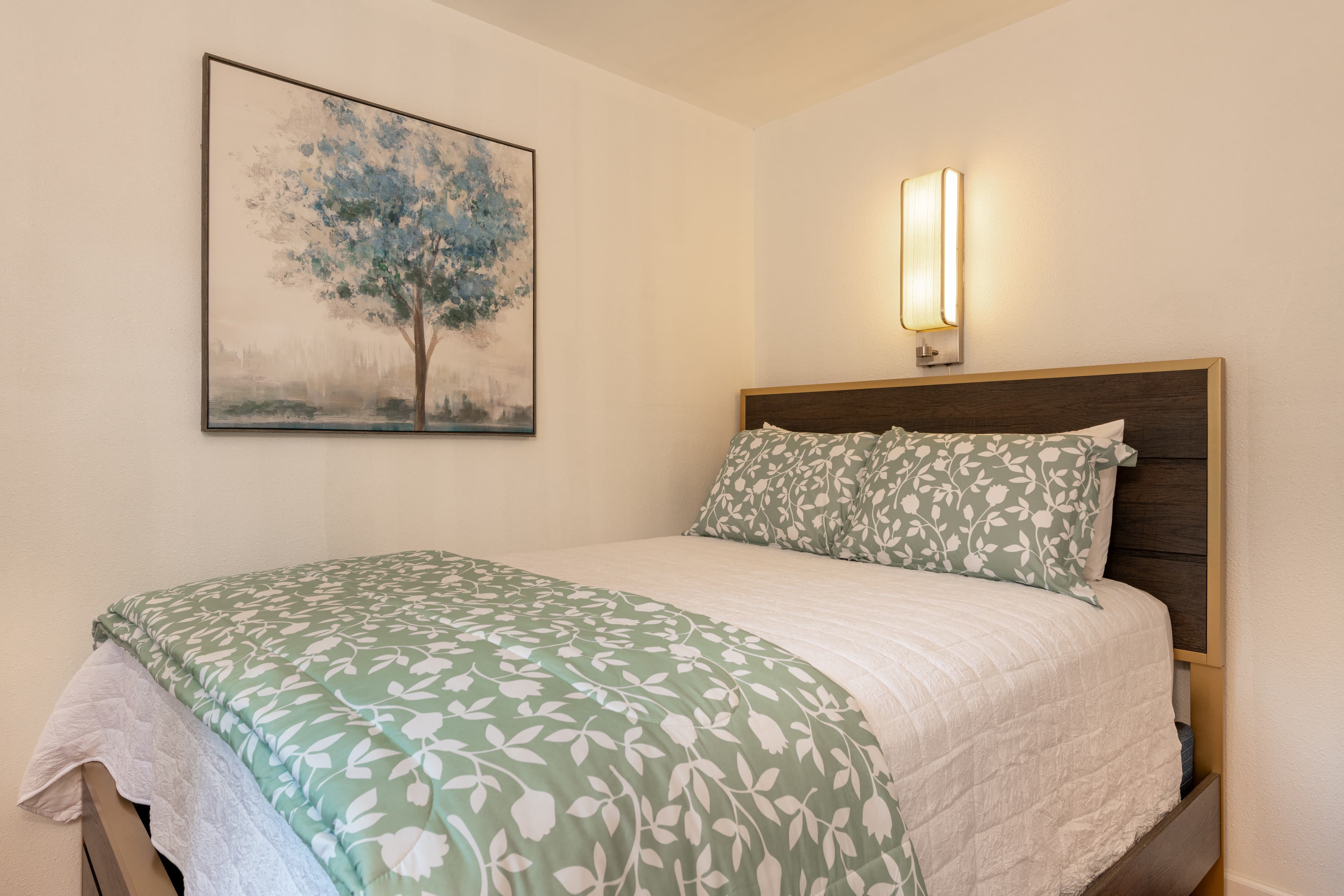 Downstairs bedroom with black wooden platform bed, nightstand with lamp