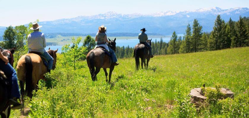 Three horseback riders traverse a grassy field with a distant lake and mountains in the background.