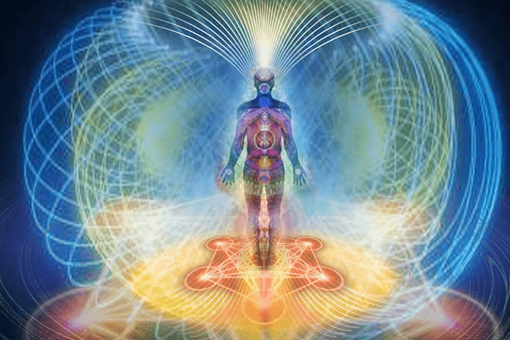 Shape of body outline, standing on a star shaped pattern inside a circular vortex in multi color shades