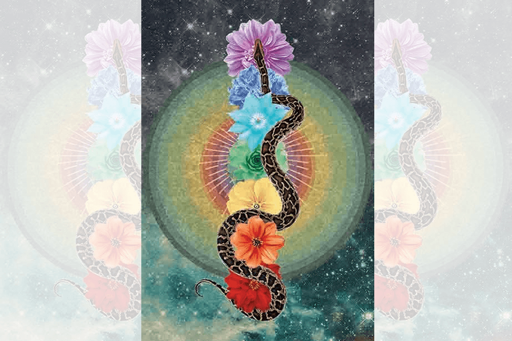 Snake woven vertically through multicolor flowers, on a colorful circle with night sky with stars in background