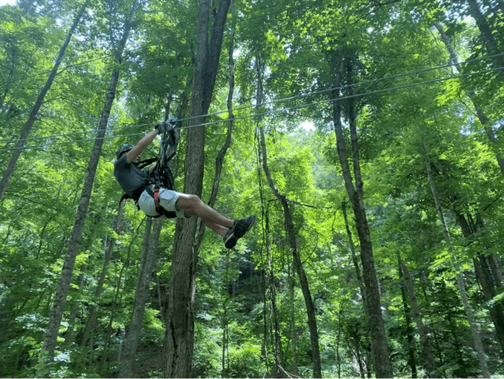 Man with harness and helmet sliding on zipline through tall green trees