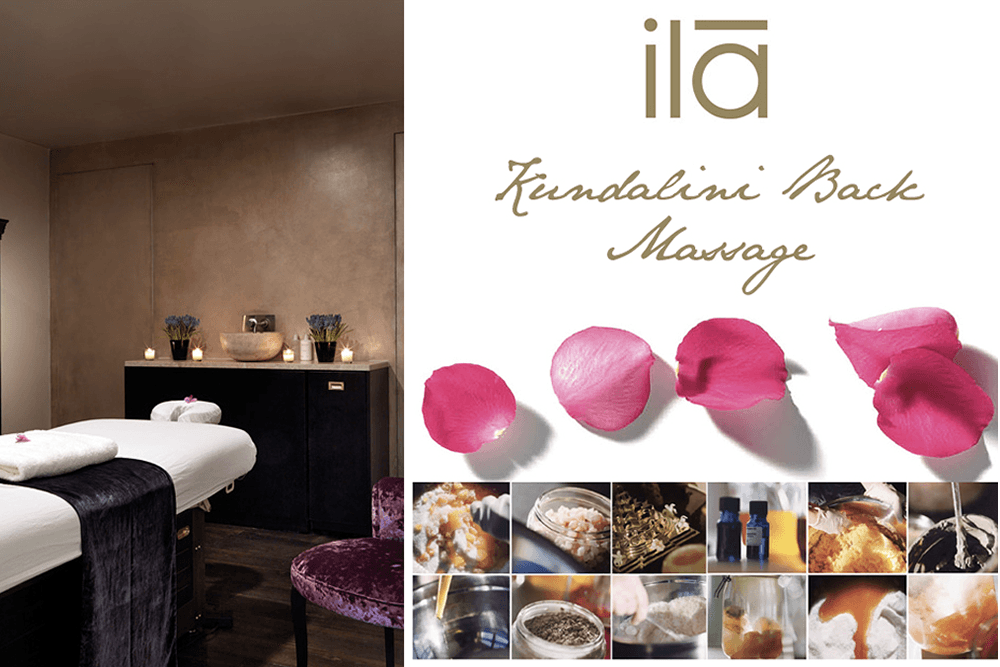 Massage table with purple blanket, candles burning on cabinet. Ila Spa Treatment and pink flower petals and 12 other small square related spa images lined up in 2 rows.