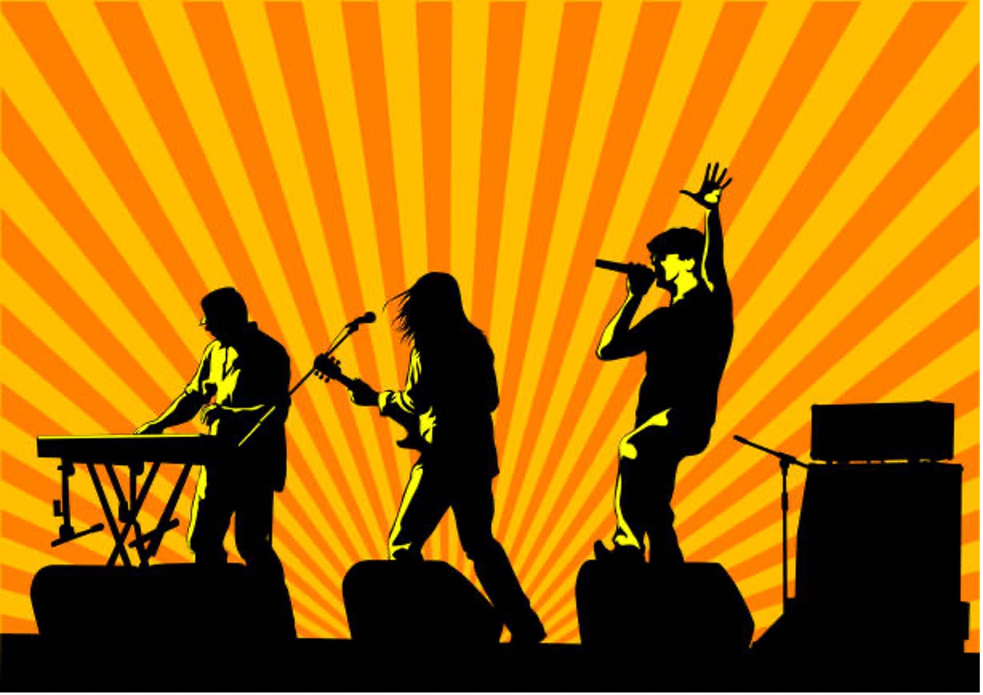Black and red image of skull with a bandana, and two guitars with the words party like a rock star