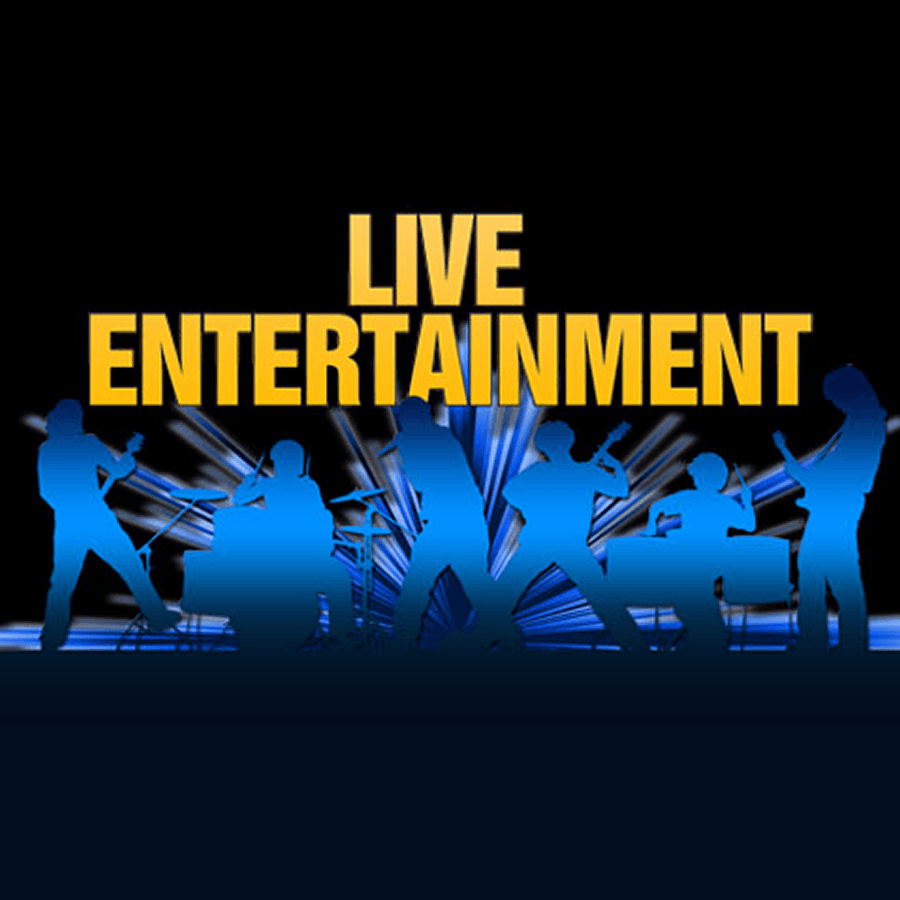 Cut out blue shadow of a band, with yellowing wording that reads live entertainment