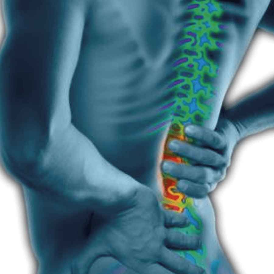 painting of a man all in blued with his hand on his low back with his spine depicted with an area in red indicating pain