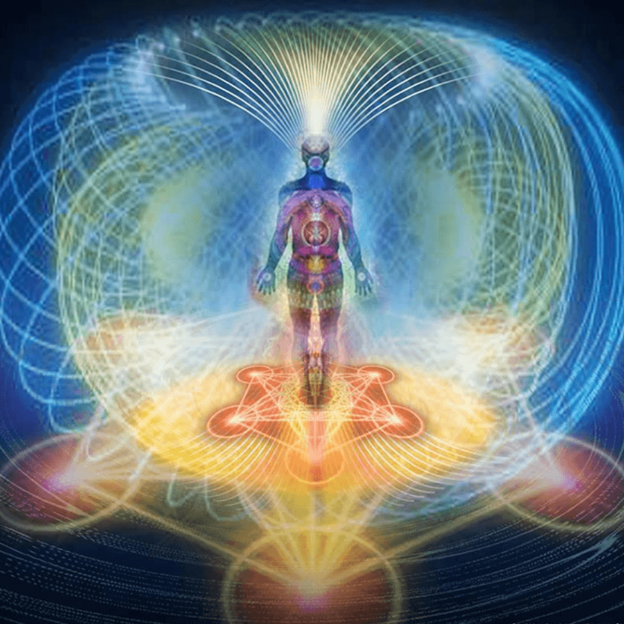 Shape of body outline, standing on a star shaped pattern inside a circular vortex in multi color shades